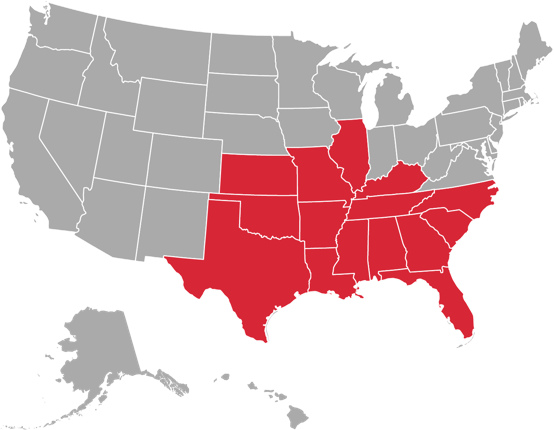 Mid-Western Commercial Roofers service area map — 15+ states across the South and Midwest